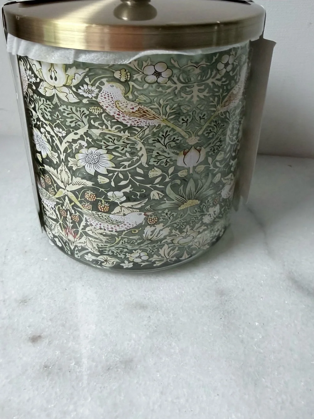 Morris & Co. Decorative canister- Sage Green & Gold strawberry thief’s pattern